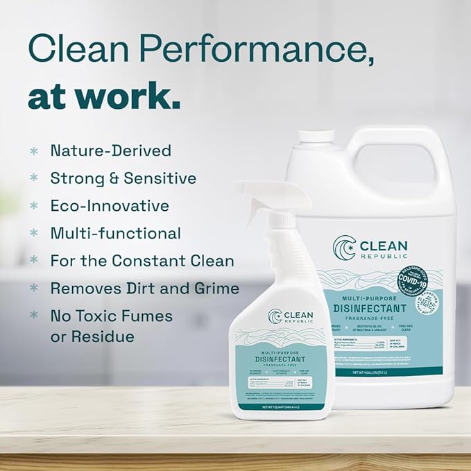 Clean Republic Multi-Purpose Disinfectant, Hypochlorous Acid Cleaning Spray, 32 Fluid Ounce Bottle, 2-Pack