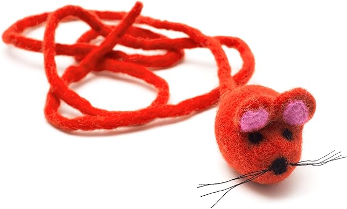 Glaciart One Felt Mouse Cat Toy – Soft Fuzzy Enrichment 100% Natural Wool - Interactive Catnip Play Cat Toy Set - Safe for Pets, Non-AZO Colored Dyes - 42” Long
