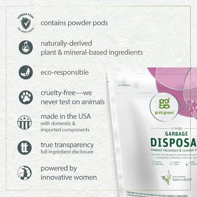 Grab Green Garbage Disposal Freshener and Cleaner Pods, 48 Count, Thyme Fig Leaf Scent, Plant and Mineral Based, Removes Odors, Loosens Grime, Prevents Clogging