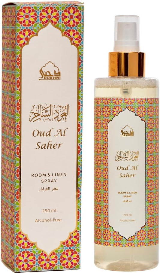 Oud al Saher Arabic Room Spray by Dukhni | 250ml Oud fragrance Air Freshener, Attar al Faraash for home & prayer mats | Bed linen, Sofa Mist, natural home scent, curtain spray, odour eliminator
