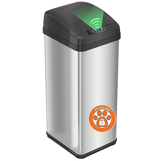 iTouchless 13 Gallon Dog Proof Trash Can with Odor Filter, Motion Sensor Stainless Steel Kitchen Trashcan Garbage Bin for Home Office Bedroom Living Room Garage Work Large Capacity Slim Wastebasket