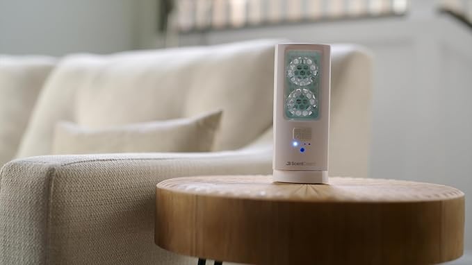 Starter Kit Cordless Rechargeable Air Freshening System Non Toxic Aroma Pods Oscillates 180° Includes Remote Control and (4) Scent Pads Refills 120 Day Supply Home Bathroom Patent Pending