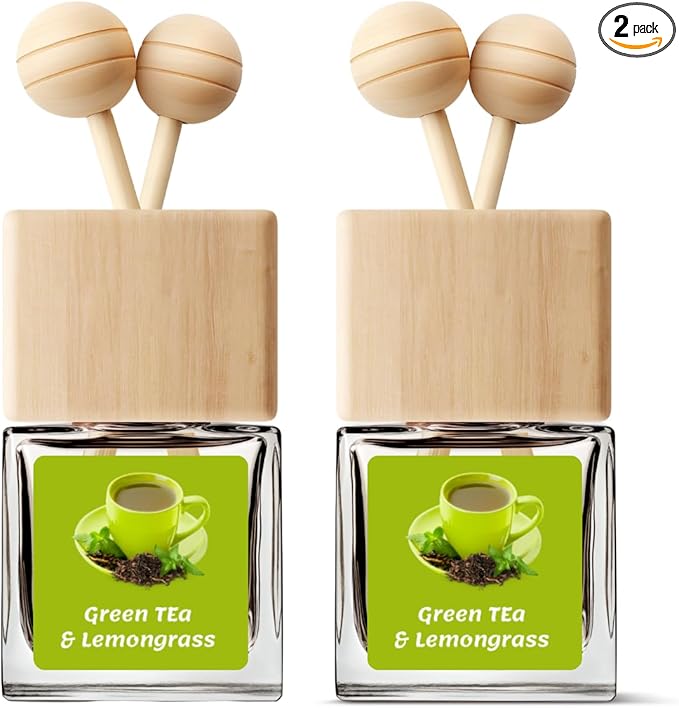 Car Air Freshener | Green Tea & Lemongrass Scent Car Fresheners for Women & Men | Long Lasting Fragrance Car Scents | Air Diffuser with Car Vent Clip (2 Pack Car Scent), Clear