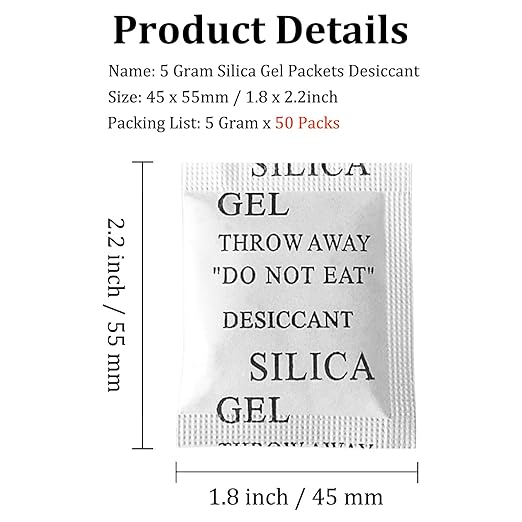 Silica Gel Packets, 50PCS 5 Gram Premium Transparent Desiccant Packs for Storage, Moisture Absorbers for Control Absorbing, Desiccant Dehumidifiers Bags for Electronics, Clothes Shoes, Jewelry, Spices