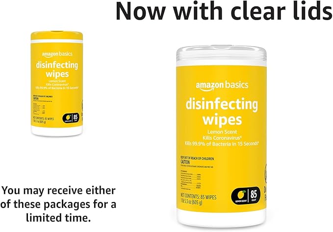 Amazon Basics Disinfecting Wipes, Lemon Scent, Thick All Purpose Cleaning Wipes, Sanitizes/Cleans/Disinfects/Deodorizes, 85 Count