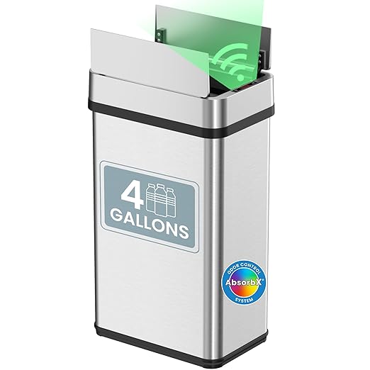iTouchless 15 Liter / 4 Gallon Stainless Steel Wings Open Lid Sensor Bathroom Trash Can, Touchless Automatic Operation, Compact Design for Home, Office, Restroom, Kitchen, Bedroom