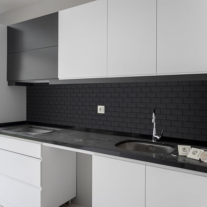 Matte Black Peel and Stick Wall Tiles for Kitchen, WalDecoo 10-Sheet Stick on Backsplash for Bathroom, Large Self-Adhesive Kitchen Backsplash（12''×12''） (Large Subway).
