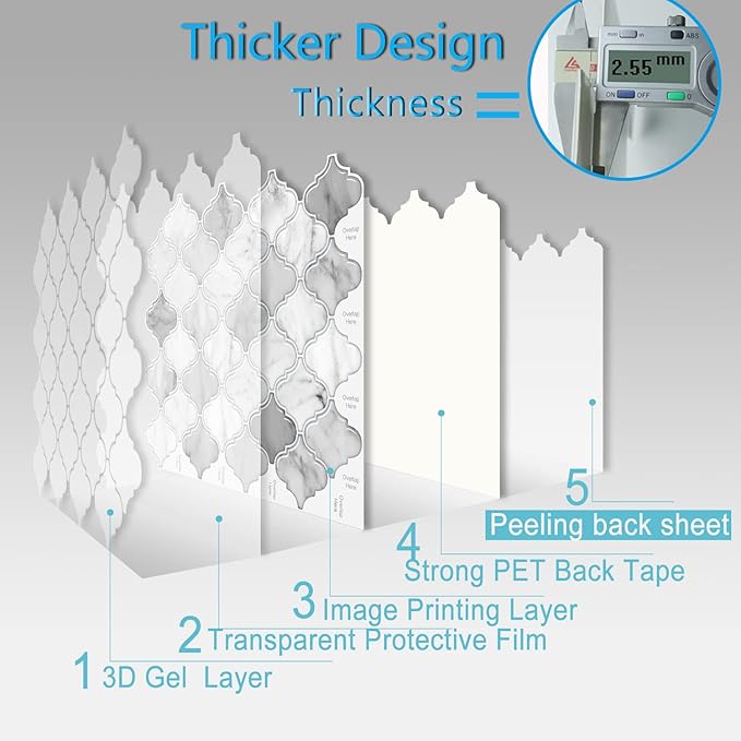 Arabesque Peel and Stick Tile for Kitchen, 12” X 12” Mix Grey Self-Adhesive Kitchen Backsplash in Marble, 10-Sheet 3D Self-Adhesive Wall Tile Stick on Tiles Backsplash(Thicker Design)