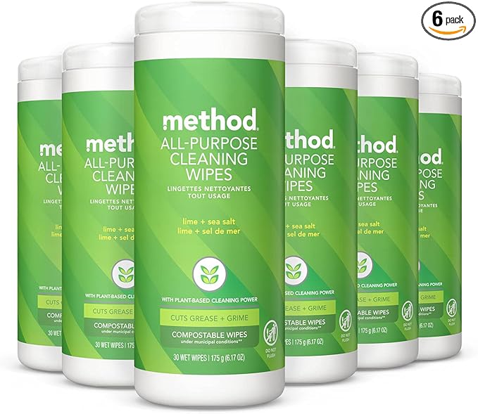 Method All-Purpose Cleaning Wipes, Lime+ Sea Salt, Multi-Surface, Compostable, 30 Count (Pack of 6)