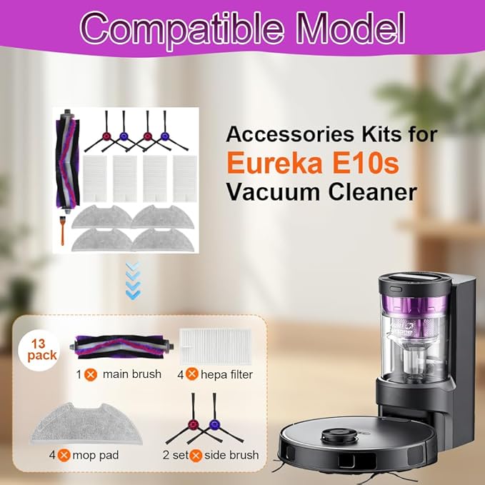 E10s Replacement Parts Accessories Compatible with Eureka E10s Robot Vacuum Cleaner, Including 1 Main Brush, 2 Hepa Filters, 2 Mop Pads, 4 Edge-Sweeping Brushes (13Pc)