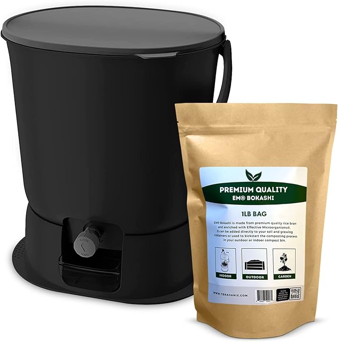 TeraGanix Bokashi Compost Starter Kit, Essential Bucket + Base, Indoor Composting, 15.3L (4gal) Capacity, Airtight, Odor & Pest-Free, Includes Bokashi Rice Bran & Liquid Collection Base, (Black)