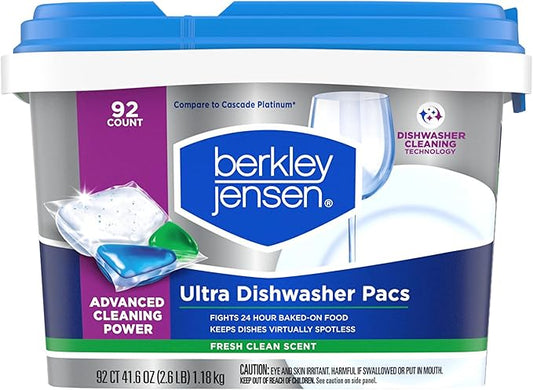 Berkley Jensen Ultra 4-in-1 Dishwasher Detergent Pacs, 92 Count Tub (Pack of 1) - Powerful Degreasing Dishwasher Pods with Fresh Clean Scent - Fights 24-Hour Baked-on Food - Fits Most Dishwashers