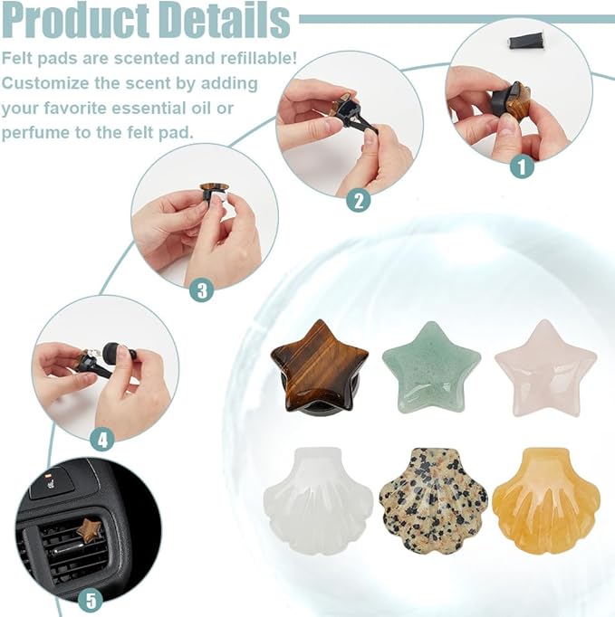 PLIGREAT 6 Pcs Natural Stone Car Vent Clips, Cute Star SeaShell Air Freshener Vent Clips Boho Stone Accessories for Women Men Car Interior Decor, 2 Shapes