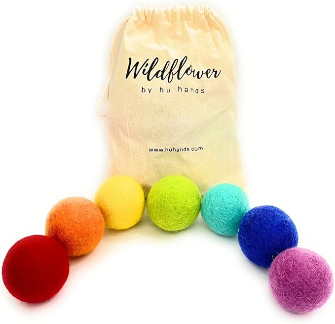 Rainbow Large Felt Balls | Montessori Wool Pom Poms for Baby, Crafts, Cats, Essential Oils, Felting & Garland | 7 ROYGBIV Colors | 4 CM (1.75-2") Jumbo Size | Muslin Storage Bag