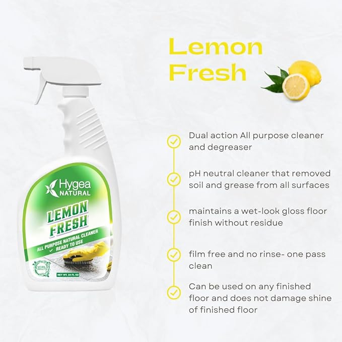 Hygea Natural Lemon Fresh All Purpose Cleaner- Multi-Surface Cleaner- Floor Cleaner- Remove Soil, Dirt & Grease- Wet Gloss Finish- pH-Neutral, Ammonia Free (3 pack Spray 24oz)