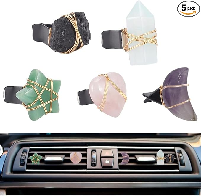 OLYCRAFT 5Pcs Star Heart Gemstone Car Vent Clips Natural Stone Car Air Vent Clip Quartz Crystals Cars Vents Clips Moon Stones Car-Accessories with Copper Wire for Cars Air Vents Accessory - 5 Style