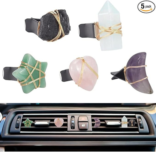 OLYCRAFT 5Pcs Star Heart Gemstone Car Vent Clips Natural Stone Car Air Vent Clip Quartz Crystals Cars Vents Clips Moon Stones Car-Accessories with Copper Wire for Cars Air Vents Accessory - 5 Style