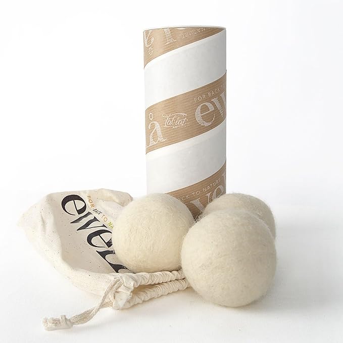 Ewela 100% Natural Merino Wool Dryer Balls, Set of 3, Reusable Chemical-Free Fabric Softener, Natural White, 7-8 cm Diameter