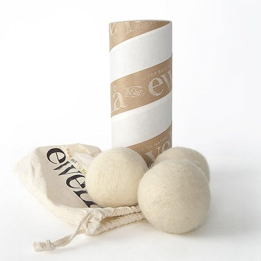 Ewela 100% Natural Merino Wool Dryer Balls, Set of 3, Reusable Chemical-Free Fabric Softener, Natural White, 7-8 cm Diameter