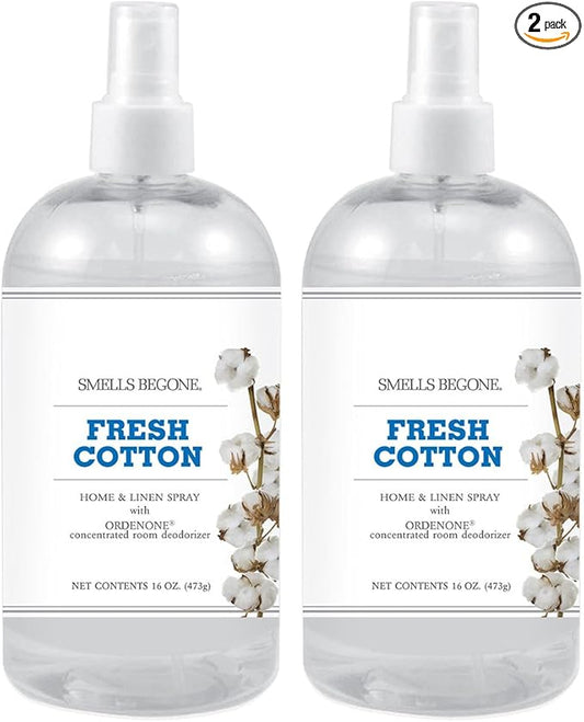 SMELLS BEGONE Air Freshener Home & Linen Spray - 16 oz, Pack of 2 - Odor Eliminator - Made with Essential Oils (Fresh Cotton)