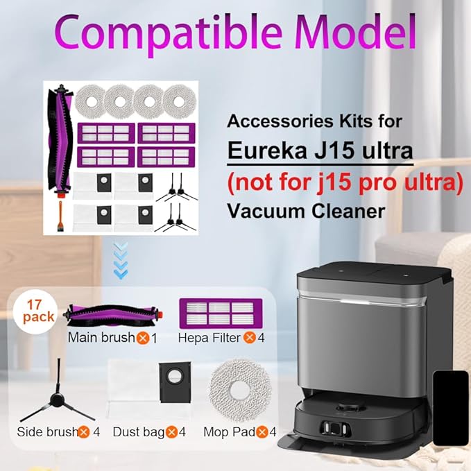 J15 Ultra Replacement Parts Accessories Compatible with Eureka J15 Ultra Robot Vacuum Cleaner, Including 1 Main Brush, 4 Hepa Filters, 4 Mop Pads, 4 Dust Bag, 4 Side Brushes