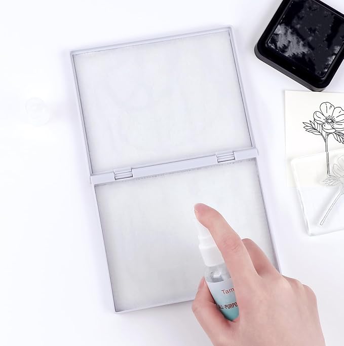 Briartw Stamp Cleaning Kit:White Stamp Scrubber & All-Purpose Stamp Cleaner Spray | Dual-Sided Cleaning Pad for Rubber, Clear, Cling & Foam Stamps | Complete Care for Water-Based & Permanent Inks