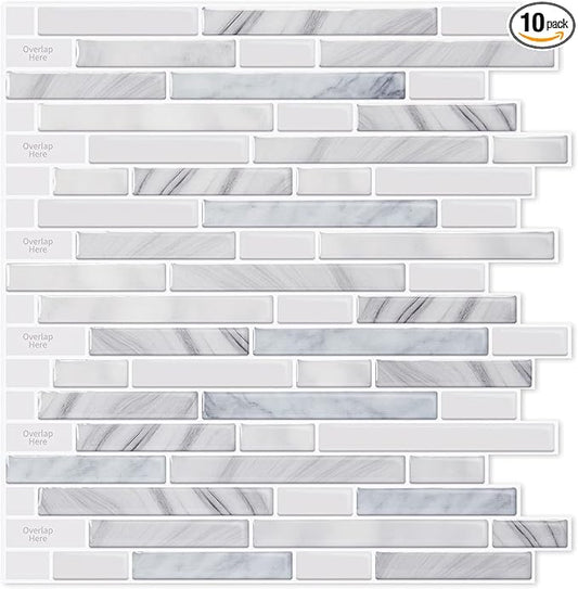 LONGKING 10-Sheet Self-Adhesive Peel and Stick Backsplash for Kitchen, Vinyl Decorative Tiles (Light Gray)