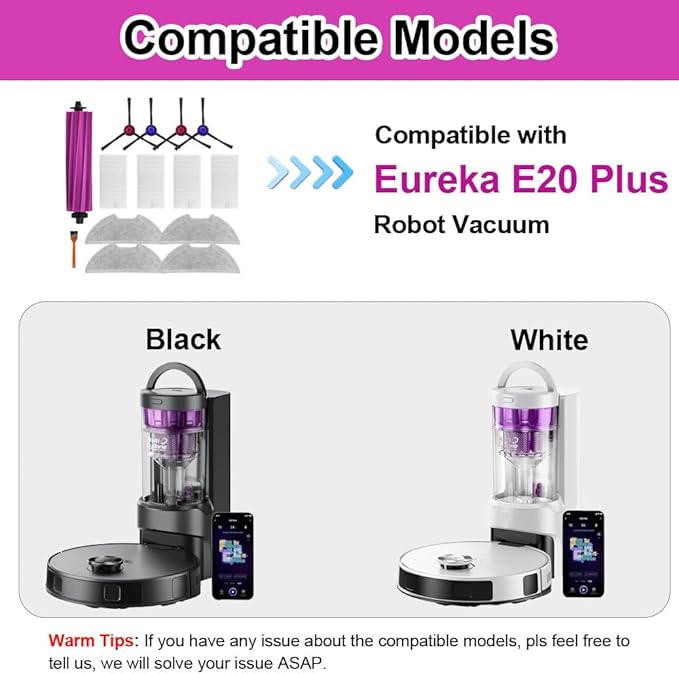 E20 Plus Replacement Parts Compatible with Eureka E20 Plus Combo Robot Vacuum, Accessories Including 1 Main Brush,4 Side Brush,4 mop Pads,4 Hepa Filter