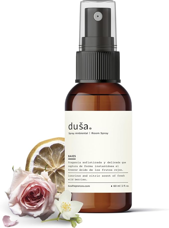 Dusa Baies Room Spray Linen Spray - 2 oz - Natural Air Freshener & Linen Mist for Home - Ultimate Home Fragrance, Bed Room Essentials & Soothing Fabric - Eco-Friendly Odor Eliminator w/Aromatherapy