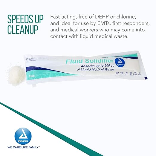 Dynarex Fluid Solidifier Powder - Absorbent & Deodorizing Gelling Agent - Turns Up to 300cc Liquid Waste & Bodily Fluids Into Gel for Disposal - Zero Chlorine - Portable 10g Packets, Bulk 200-Count