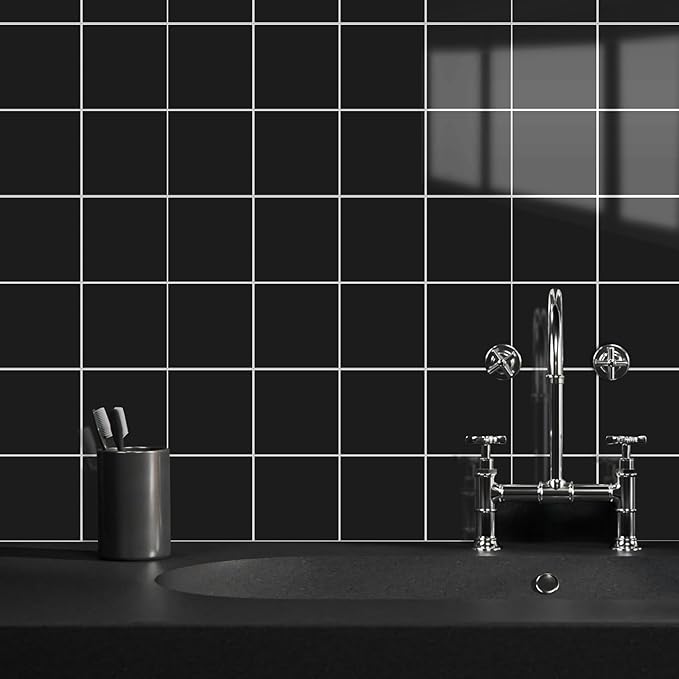 Peel and Stick Tiles for Kitchen Backsplash, New Upgrade Design 9" x9" SPC Square Marble Tiles, Glossy Black Premium Mosaic Tiles(5-Sheet)