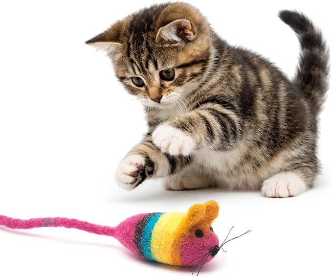 Glaciart One Felt Mouse Cat Toy – Soft Fuzzy Enrichment 100% Natural Wool - Interactive Catnip Play Cat Toy Set - Safe for Pets, Non-AZO Colored Dyes - 42” Long
