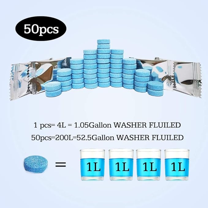 50 Pcs Car Windshield Washer Fluid concentrate Tablets,Windshield Wiper Fluid,1 Pack Makes 52.5 Gallons,1 Piece Makes 1.05 Gallons(Winter: Use With De-icer or Methanol)
