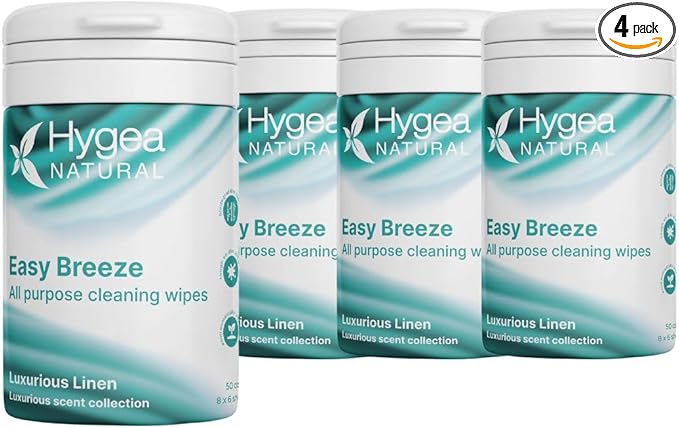 Hygea Natural EasyBreeze All Purpose Cleaning Wipes - Biodegradable Bamboo Wipes for Multi-surface Cleaning - Environmentally Responsible - Luxurious Linen Scented (4 Packs of 50 Each)