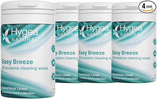 Hygea Natural EasyBreeze All Purpose Cleaning Wipes - Biodegradable Bamboo Wipes for Multi-surface Cleaning - Environmentally Responsible - Luxurious Linen Scented (4 Packs of 50 Each)