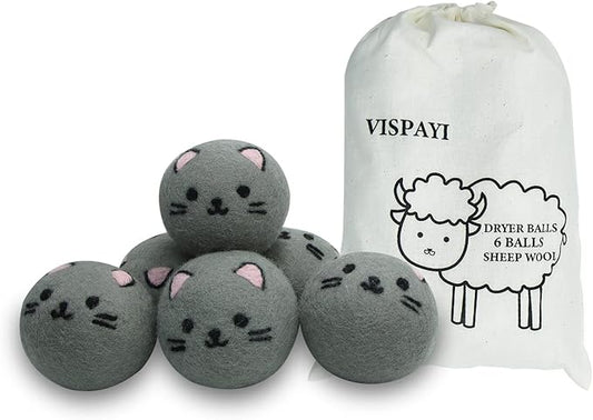 Dryer Balls Laundry Reusable - XL Wool Dryer Balls - Handmade Cute, Extra Large Dryer Balls, Shorten Drying Time, Organic Wool - Dry 1000+ Loads (Gray Cat)
