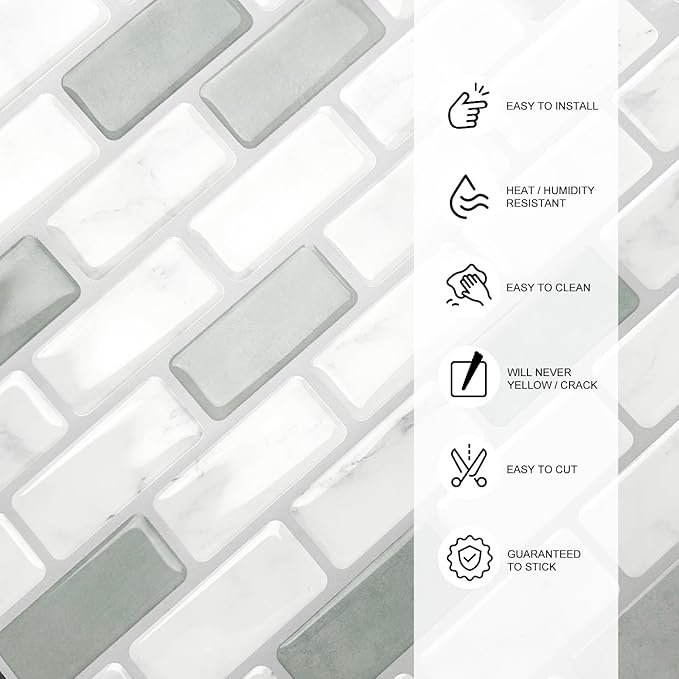 Peel and Stick Backsplash Tile, 10-Sheet Sage Green Self Adhesive Marble Tile, Stick on Backsplash for Kitchen and Bathroom, 12"x12" Wall Tiles with Marble Look