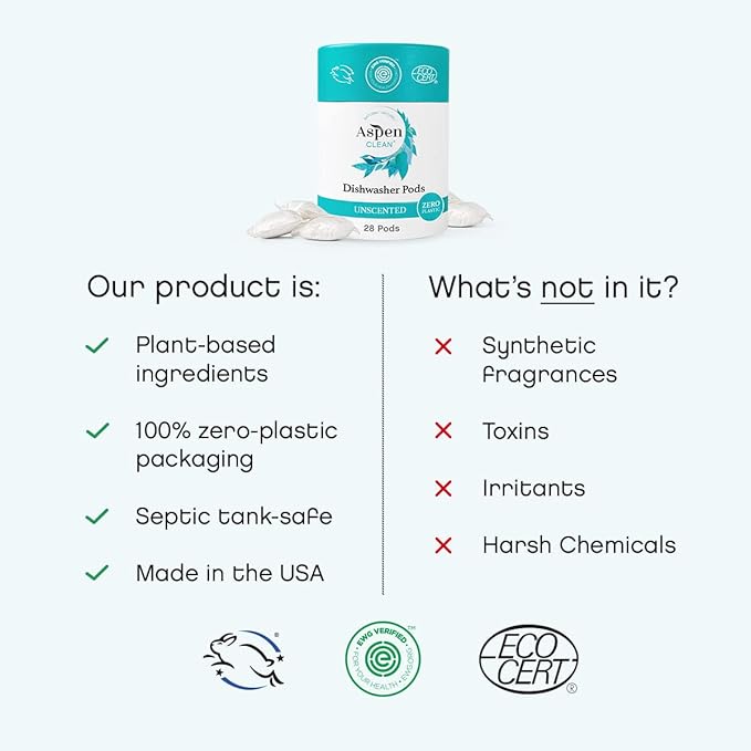 AspenClean | Unscented Dishwasher Pods | Cuts Grease and Grime | Zero Plastic | Non - Toxic | 100% Natural Dishwasher Detergent | EWG Verified - 28 Count