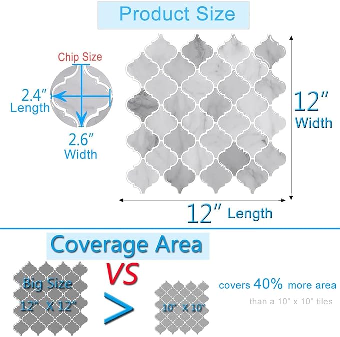 Arabesque Peel and Stick Tile for Kitchen, 12” X 12” Mix Grey Self-Adhesive Kitchen Backsplash in Marble, 10-Sheet 3D Self-Adhesive Wall Tile Stick on Tiles Backsplash(Thicker Design)