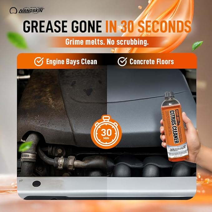 NANOSKIN Heavy-Duty Citrus Cleaner & Degreaser Concentrate 55 Gallon, Low-Foam Solvent, Dilutes up to 1:32, Cuts Grease Tar Adhesives, Safe on Metal Concrete Engines, For Auto Detailing, Shop & Home