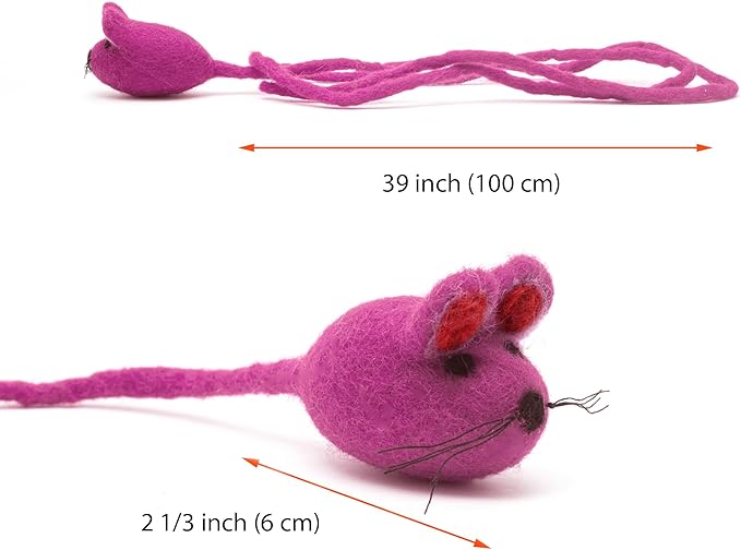 Glaciart One Felt Mouse Cat Toy – Soft Fuzzy Enrichment 100% Natural Wool - Interactive Catnip Play Cat Toy Set - Safe for Pets, Non-AZO Colored Dyes - 42” Long