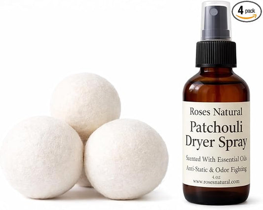Wool Dryer Balls & Dryer Spray Bundle – 3 Reusable Dryer Balls + Plant-Based Essential Oil Dryer Spray, Natural Fabric Freshener, Anti-Static & Odor Fighting (Patchouli)