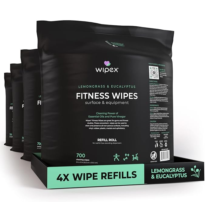 Wipex Wipe Dispenser Refill Bundle - 2800 Count Large 8x12 Gym Wipes for Equipment, Lemongrass & Eucalyptus Scent with Black Stainless Steel Floor Dispenser & Trashcan, Ideal for Fitness Centers