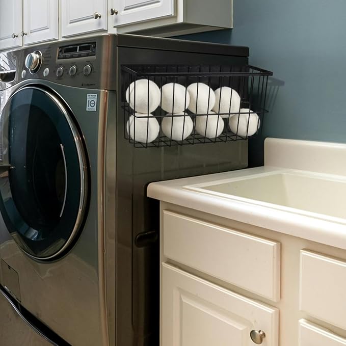 Picowe Extra Large Dryer Ball Organizer - Magnetic Storage Bin for Laundry Room Organization and Storage, Holds 10+ Dryer Balls (Black, XL)
