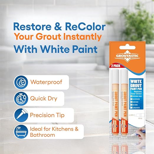 White Grout Paint Pen Tile Grout Colorant & Sealer Marker, Quick-Dry, Ideal for Bathroom, Shower, Kitchen Tiles Restores Grout Lines, 3 Adjustable Tips (2-3 mm) 2 Pack
