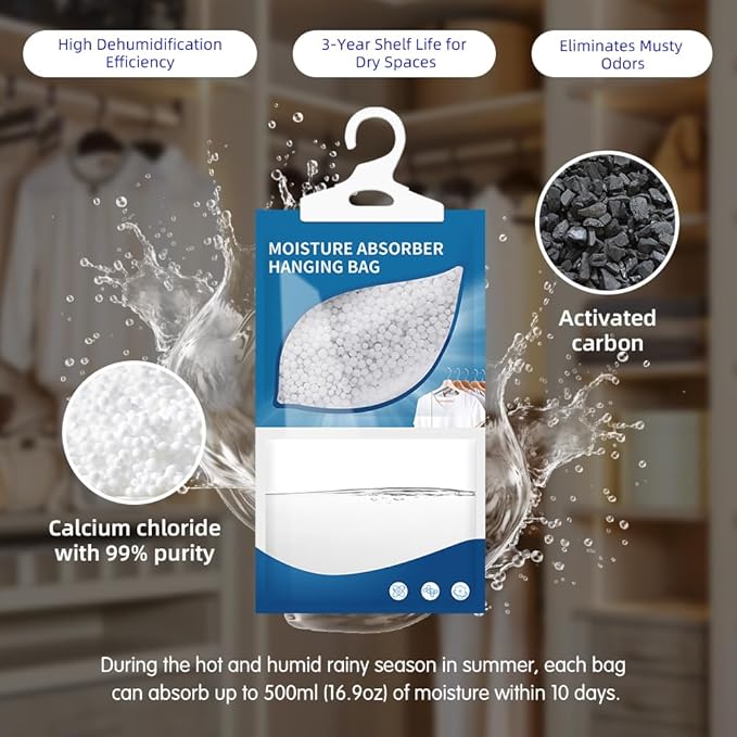 Hanging High-Purity Moisture Absorber, 10 Pack with Activated Carbon, eliminates Musty Odors During humid Summers, Ideal for Drawers and wardrobes,15% Greater Moisture Absorption. (169 oz)