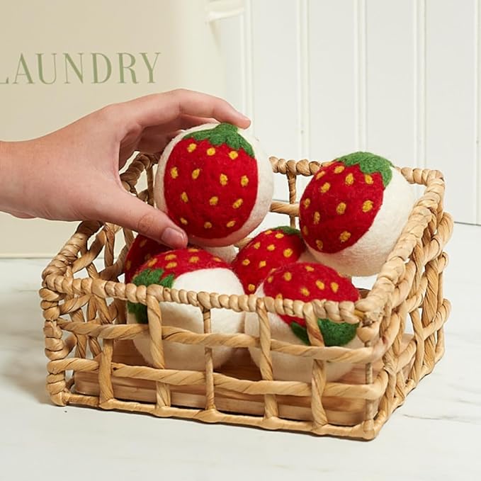 Upcycled Oversized New Zealand Wool Dryer Ball Set Strawberry Design, Handmade Fair Trade Eco Friendly Reusable Wool Dryer Balls for Faster Drying and Softening