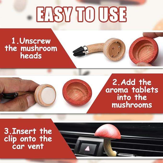 XhuangTech 2 Pack Wood Car Diffusers Vent Clips with Fragrance Pads, Car Air Diffuser Freshener Vent Clip, Natural Wood Air Conditioning Cute Auto Interior Accessories Mushroom Decoration for Cars