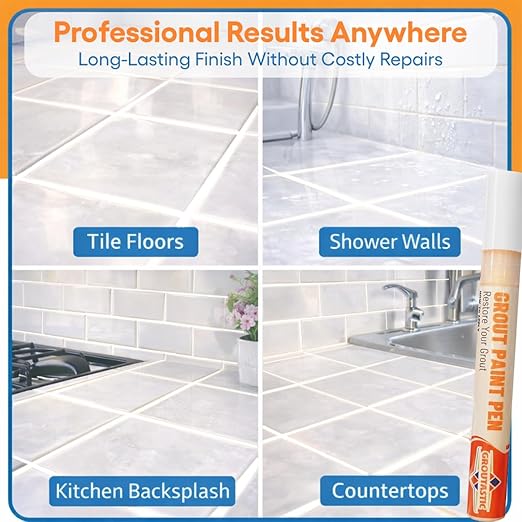 White Grout Paint Pen Tile Grout Colorant & Sealer Marker, Quick-Dry, Ideal for Bathroom, Shower, Kitchen Tiles Restores Grout Lines, 3 Adjustable Tips (2-3 mm) 2 Pack