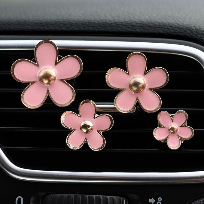 Daisy Air Vent Clips, 4 Pcs Cute Flower Car Air Conditioning Outlet Clip Car Air Freshener Clip Charm Car Inter Decor Accessories for Women (Pink)